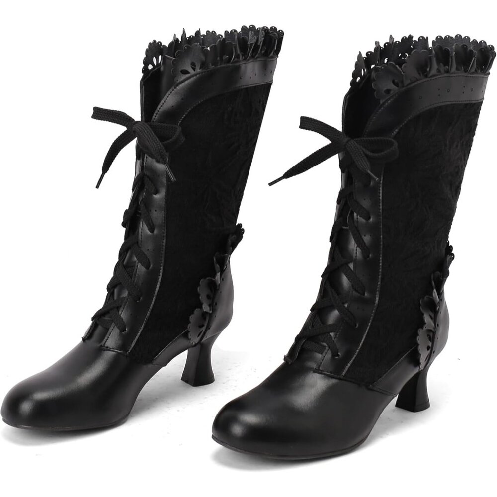 Women's Lace Black Victorian Boots Chunky Heels Lace up Cute Bow Knot Mid Calf